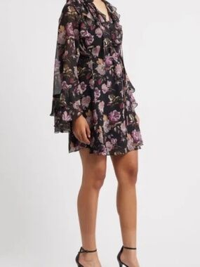 Sam Edelman Black Floral Ruffle-Trim Mini Dress - NWOT